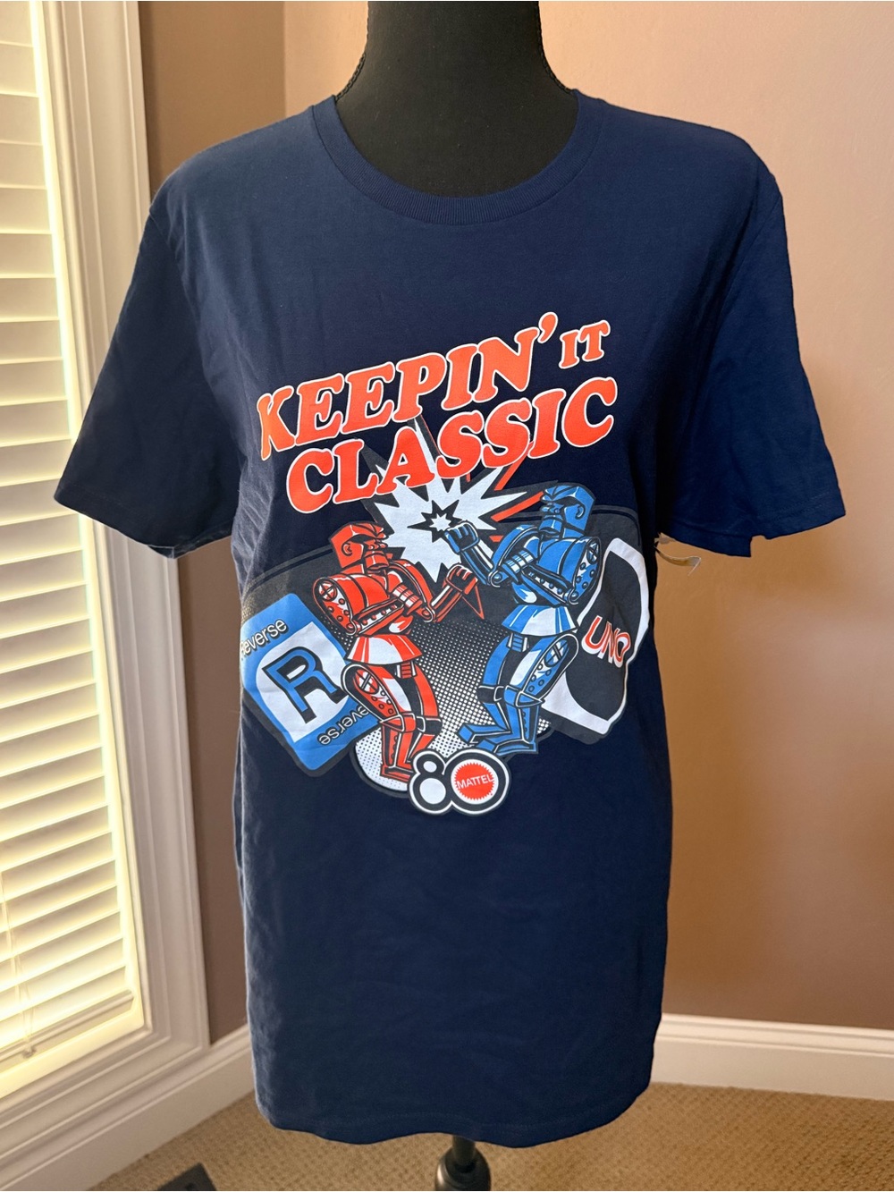 Mattel Navy 80’s Keepin It Classic Graphic Tee with Red & Blue Robots and UNO.